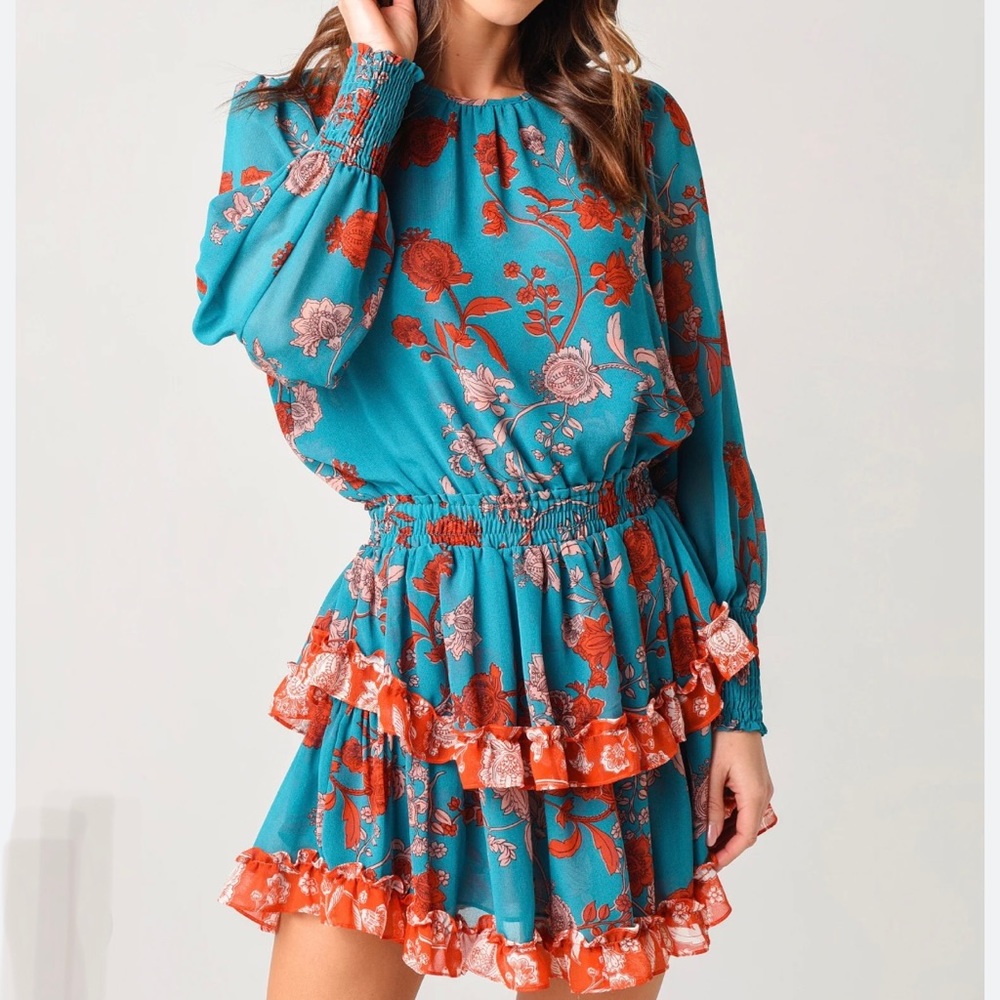 Misa Los Angeles Teal Floral Ruffle Dress with Orange Accents